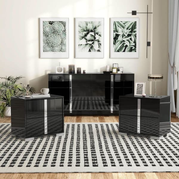 Mesala 3-Piece Glossy Piano Black 2-Drawer (Set of 2) Nightstands and Dresser with Chrome Handles