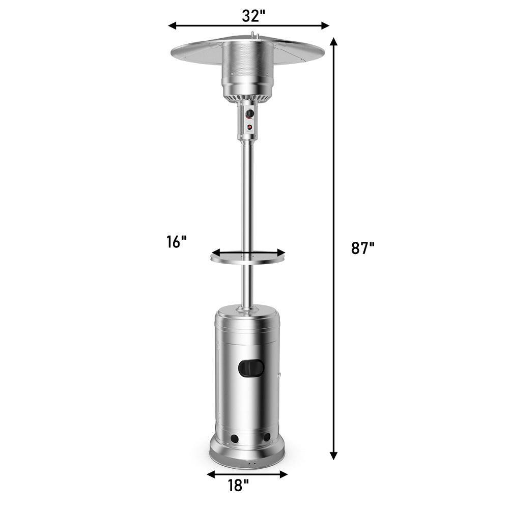 Silver Freestanding Propane Patio Heater with Rolling Wheels and Table