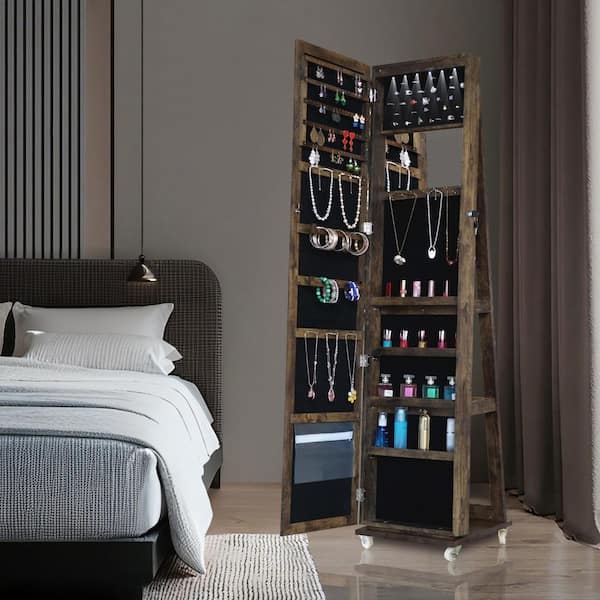 Antique Gray Full-Length Mirror 360° Swivel Storage Jewelry Box with LED Lights and Rollers, Lockable Storage