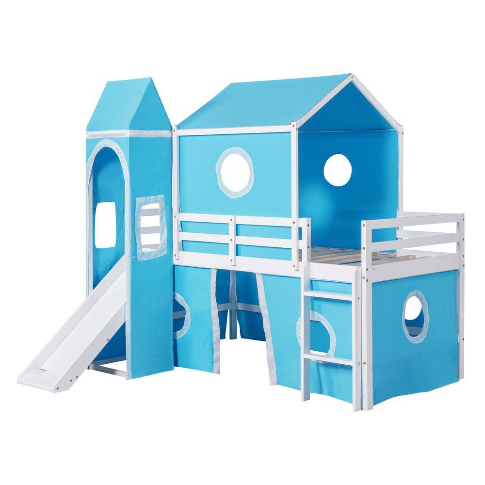 Polibi Twin Size Bunk Bed with Slide Blue Tent and Tower, Blue RS34616