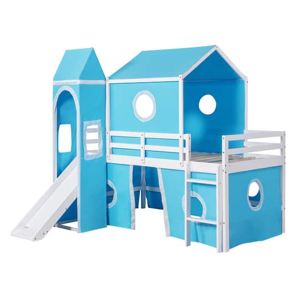 Polibi Twin Size Bunk Bed with Slide Blue Tent and Tower, Blue