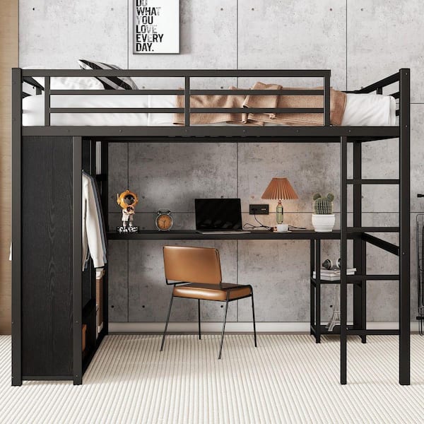 Black Queen Size Loft Bed with Desk and Storage Shelves,Heavy Duty Loft Bed Frame with Wardrobe,Hanging Rod,and Ladder