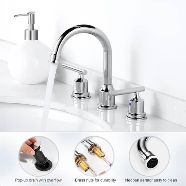 8 in. Widespread Double Handle High Arc Bathroom Faucet with Pop Up Drain and Supply Lines Included in Polished Chrome