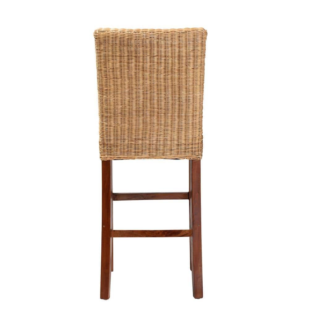 Racquel Natural Rattan and Mahogany Wood Bar Stool with Ergonomic Footrests