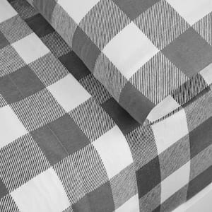4-Piece Gray Gingham Check Plaid Cotton Flannel Queen Sheet Set