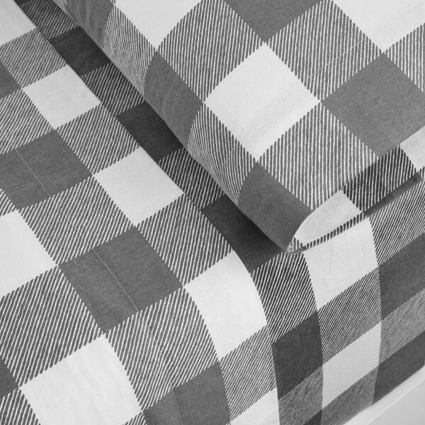 Home Decorators Collection 4-Piece Gray Gingham Check Plaid Cotton Flannel Queen Sheet Set