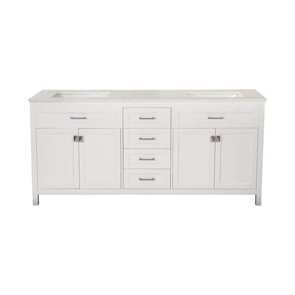 Zeafive 72 in. W x 34 in. D x 22 in. H Double Sink Freestanding Bath Vanity in White with White Granite Top Bathroom Vanity