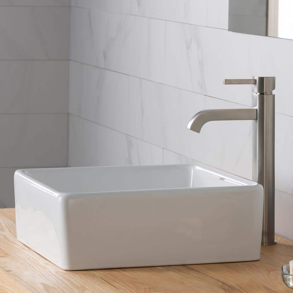 15-inch White Ceramic Square Vessel Sink with Satin Nickel Faucet