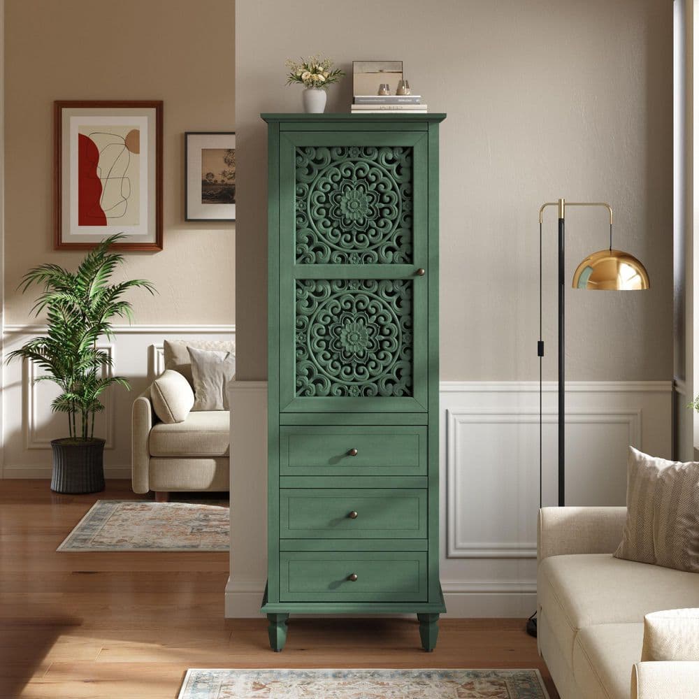 Antique Green 62.99 in. H Wood Vintage Decorative Cabinet with Carved Door and 3 Drawers