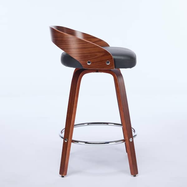 Zephyren 25 in. Seat Height Black + Walnut Upholstered PU Leather Solid Wood Counter Stools with Footrest, Set of 2