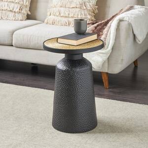 16 in. Black Handmade Large Round Metal Coffee Table with Rope Tabletop