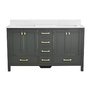 Bath Mist 60 in. W. Double Sink Freestanding Bath Vanity in Green with White Engineered Top