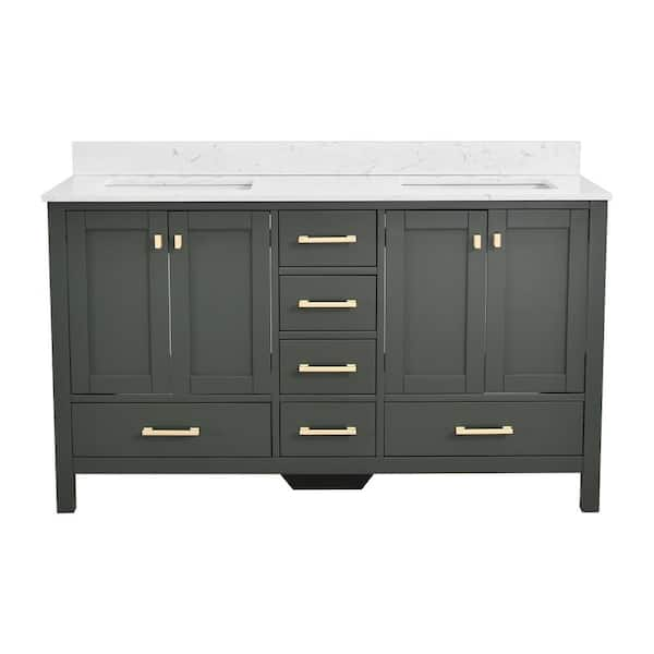 Bath Mist 60 in. W. Double Sink Freestanding Bath Vanity in Green with White Engineered Top