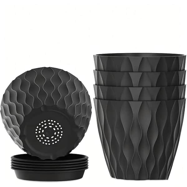 4 Inch Plastic Nursery Pots Set of 5, Water Ripple Plant Pots with Drainage Holes and Saucers for Indoor Plants, Seedlin
