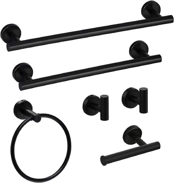 taholi SU3 304 Stainless Steel 6 Piece Bath Hardware Set with Towel Rail, Paper Towel Rack, Hook and Towel Ring in Matte Black