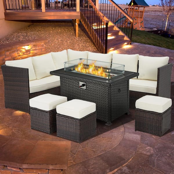 Unbranded 7-Piece Wicker Patio Fire Pit Set with Beige Cushions, 50,000 BTU Auto-Ignition Gas Dark Brown Fire Table w/Wind Guard