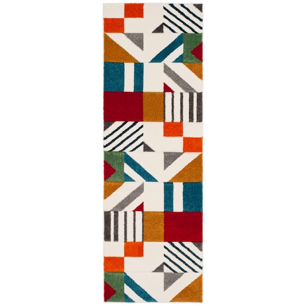 Hollywood 2 ft. x 12 ft. Ivory/Peacock Blue Abstract Geometric Runner Rug