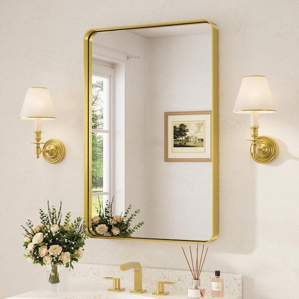 24 in. W. x 36 in. H Modern Rectangular Aluminum Framed Wall Bathroom Vanity Mirror in Brush Gold Bathroom Mirrors