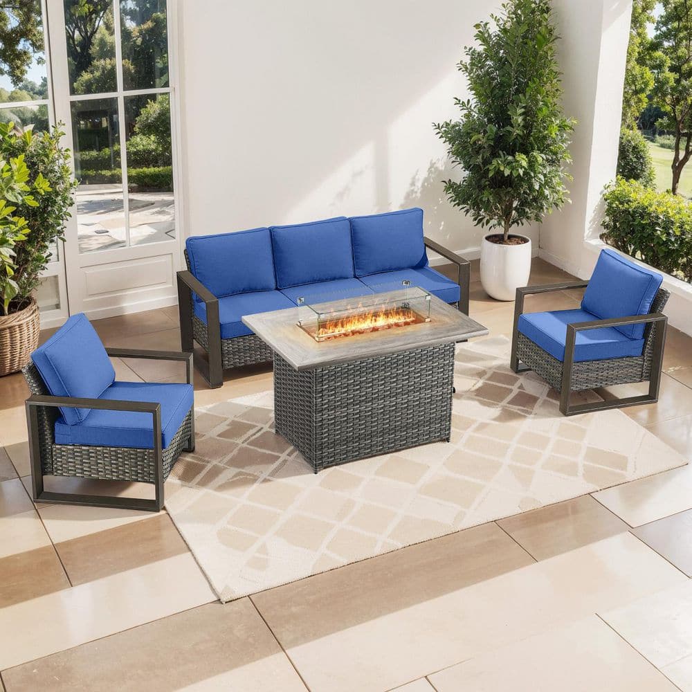 Funky 4-Piece Gray Wicker Patio Fire Pit Conversation Sofa Seating Sets with Blue Cushions price history on PriceWatchPro