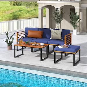 5-Piece Acacia Wood Patio Conversation Chair Set Chair Set Ottoman and Coffee Table with Navy Cushions