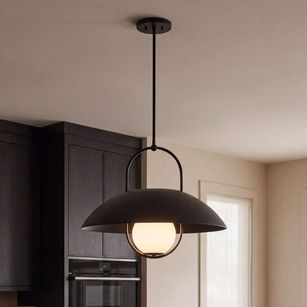 Lehigh 1-Light 22 in. W x 18.13 in. H Matte Black Pendant Light with White Opal Glass Shade price history on PriceWatchPro