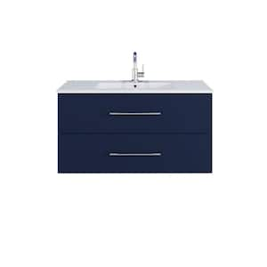 Napa 36 in. W x 18 in. D x 21.3 in. H Single-Sink Bath Vanity Wall in Navy Blue with White Ceramic Integrated Countertop