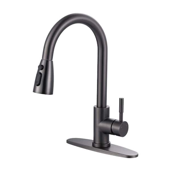 15.3 in. Deck-Mount Single-Handle 360-Degree Pull-Down Sprayer Kitchen Faucet in Black Stainless Steel
