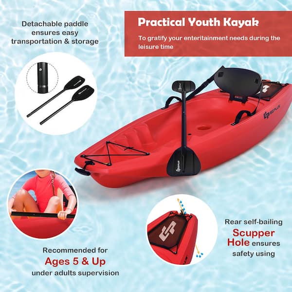 6ft Youth Kids Kayak w/Paddle Storage Hatche 4-Level Footrest - Red