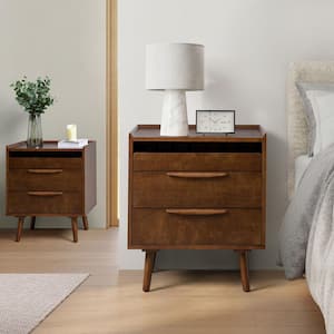 Kate Walnut Mid-century Style 3-Drawer 24 in. W Nightstand with Solid Wood Legs Set of 2