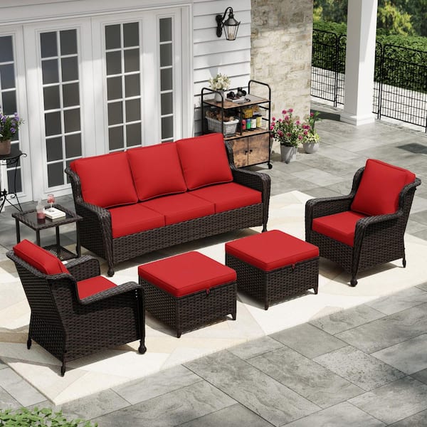 Esunny 6-Piece Wicker Outdoor Patio Conversation Set Chat Set with Red Cushions 1 Couch, 2 Chairs, 2 Ottomans and 1 Table