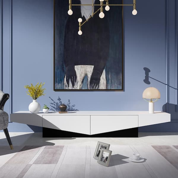 FUFU&GAGA 78.8 in. Width Black and White Rectangle Wooden End Side Table with 2-Drawer for Storage