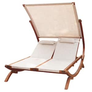 76 in. x 61 in. x 59 in. Medium Brown Larch Wood Outdoor Double Reclining Chaise Lounge Chair with Canopy Beige Cushions