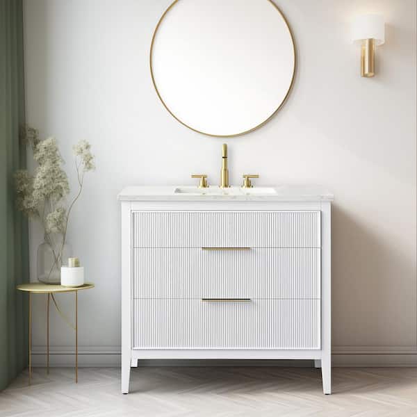SUDIO Emma 36 in. W Bath Vanity in White with Engineered Stone Top in Arabescato with White Sink
