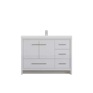 Sortino 42 in. W x 19 in. D x 36 in. H Modern Bath Vanity with Right Side Drawers in White with White Solid Surface Top