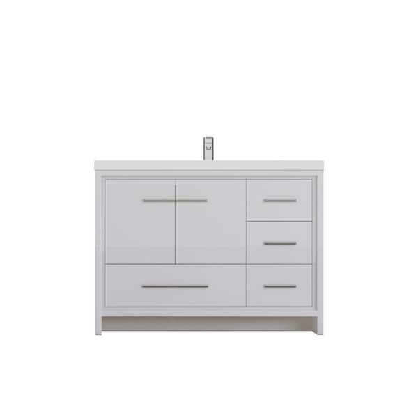 Alya Bath Sortino 42 in. W x 19 in. D x 36 in. H Modern Bath Vanity with Right Side Drawers in White with White Solid Surface Top