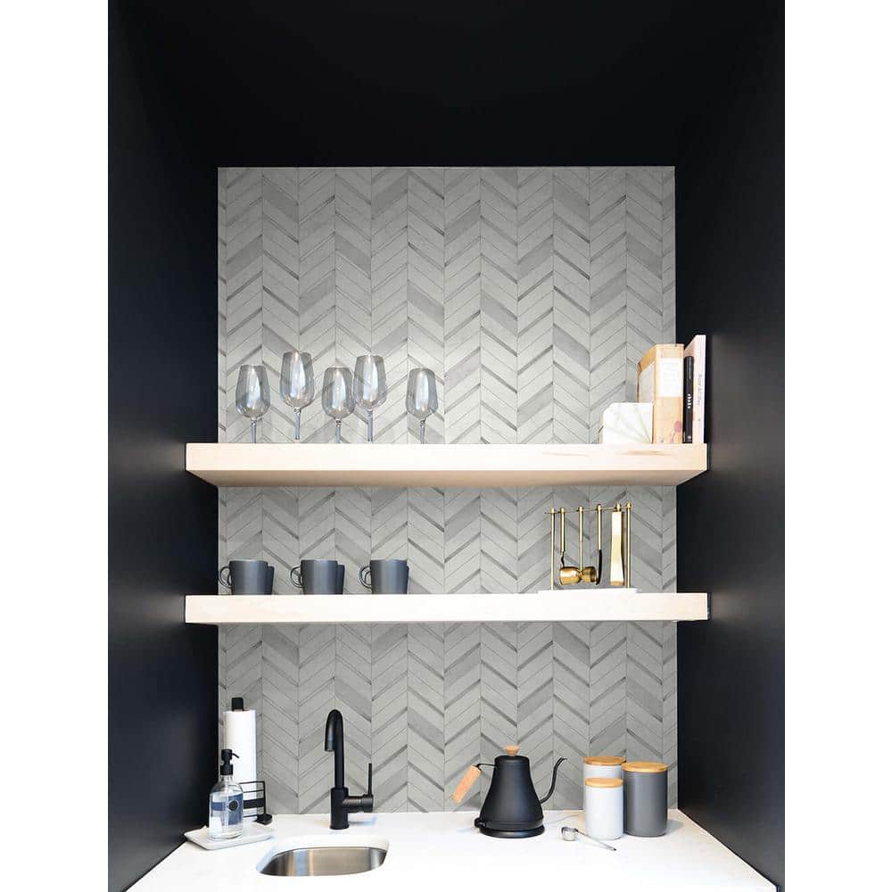 Chevron Marble Tile Peel and Stick Wallpaper in Metallic Silver & Pearl Gray