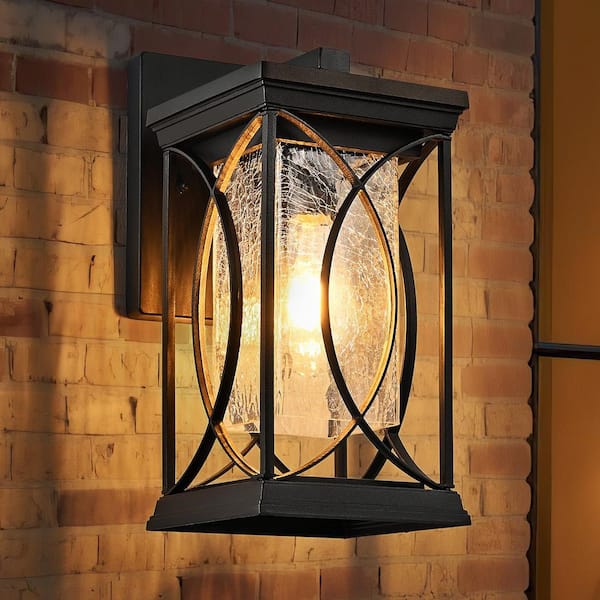 Matte Black Outdoor Hardwired Wall Lantern Sconce Industrial Outdoor Wall Light Fixture with Crackled Glass (1-Pack)