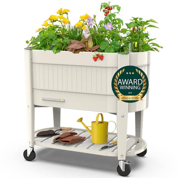 39 in. L x 19.25 in. W x 14.5 in. H Raised Steel Garden Bed with EnGrow TrueSoil Technology, Storage Shelf, Ivory