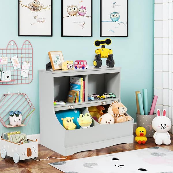 Costway Kids Wooden Bookshelf w/ Wheels 2-Tier Toy Storage Shelf - See Details - White + Natural