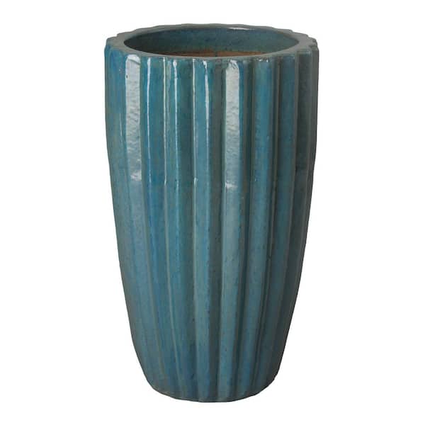 Tall 17 in. D x 29 in. H Teal Ceramic Round Planter with Drainage Hole