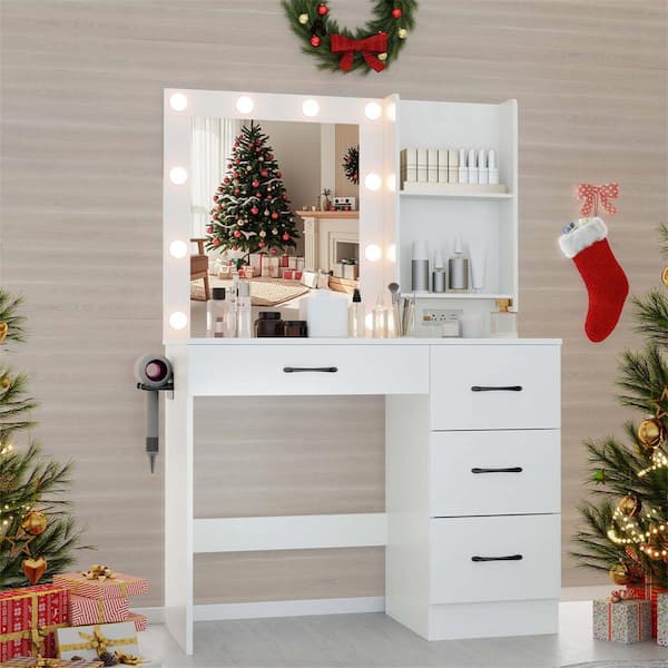 2-Piece White Makeup Vanity Desk with Mirror and Lights Charging Station 3-Color LED Lights