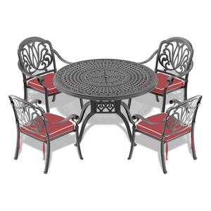 Isabella Black 5-Piece Cast Aluminum Outdoor Dining Set with 47.24 in. Round Table and Random Color Seat Cushions