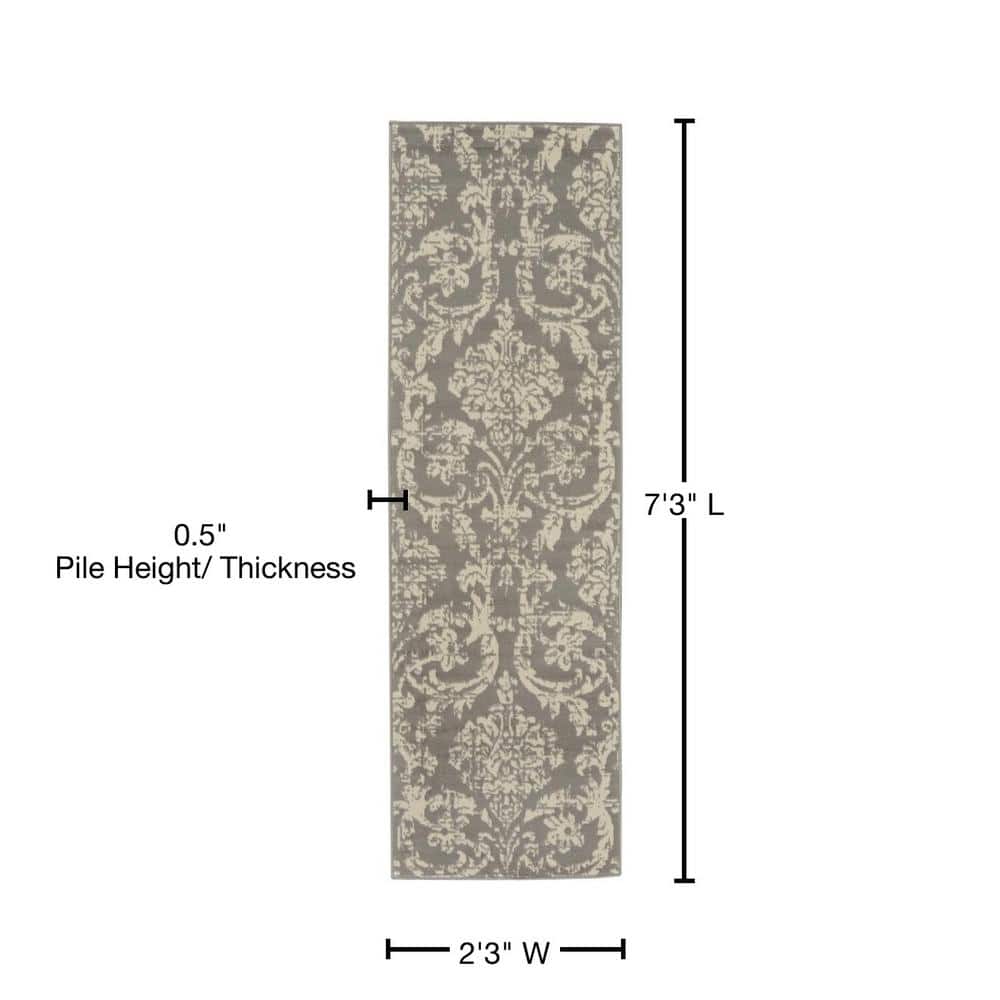 Jubilant Gray and Ivory Damask Runner Rug 2'3" x 7'3"