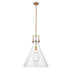 Newton Cone 1-Light Brushed Brass Shaded Pendant Light with Clear Glass Shade