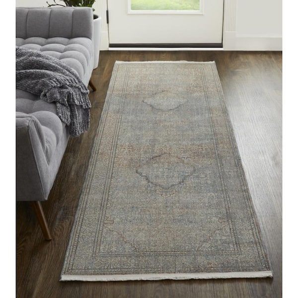 2 X 8 Blue, Red, Gray Floral Runner Rug