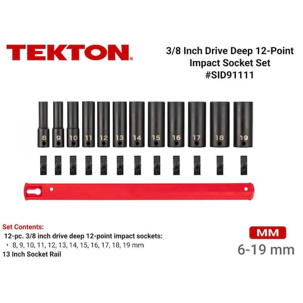 3/8 in. Drive Deep 12-Point Impact Socket Set (12-Piece) (8-19 mm) - Rails