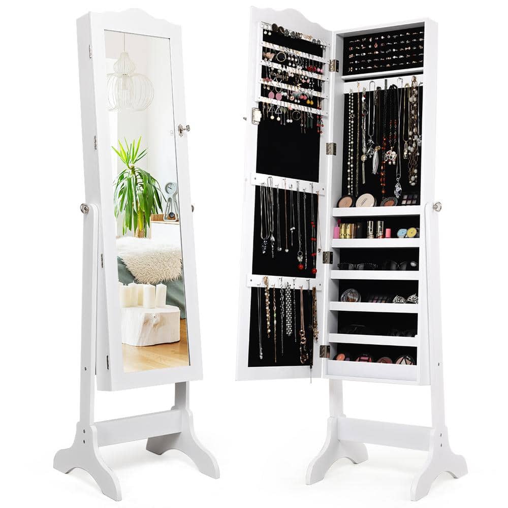 Costway White with Stand Mirrored Lockable Jewelry Armoire Cabinet ...