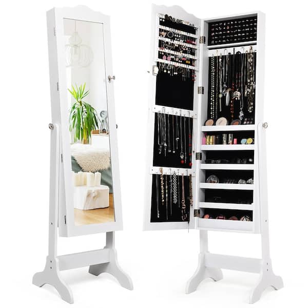 Costway White with Stand Mirrored Lockable Jewelry Armoire Cabinet Storage Box 63.5 in. L x 14.5 in. W x 18.5 in.