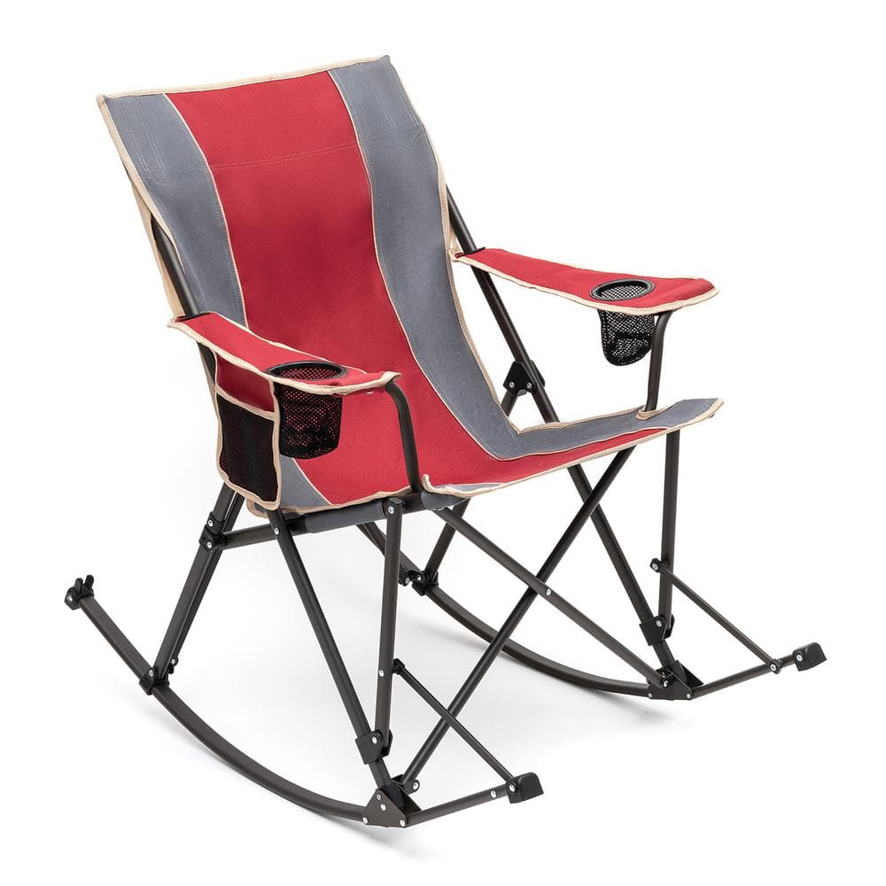 Clihome Outdoor Metal Frame Red Beach Rocking Chair with Side Pocket ...