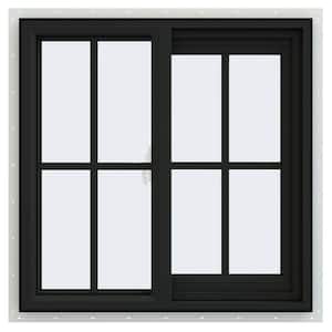 24 in. x 24 in. V-2500 Series Bronze Exterior/White Interior FiniShield Vinyl Right-Handed Sliding Window Colonial Grids